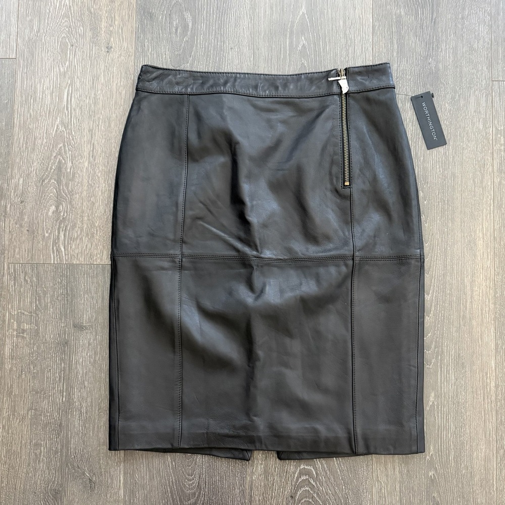 Worthington Lambskin Leather Pencil‎ Skirt Black Gold Zipper Sz 10 Minimalist